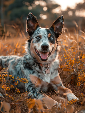 A serene sunset paints the sky in warm hues as a beautiful blue-eyed dog relaxes amidst a field of golden wildflowers  The dog&#39;s joyful expression captures the tranquility of the moment, showcasing the perfect harmony between nature and a happy pet  This image embodies pure contentment and the simple joy of being present in the beauty of nature AI Generativeの素材