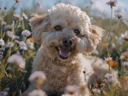 A fluffy, adorable dog basks in the sun amidst a vibrant field of blooming flowers  The joyful canine radiates pure happiness and contentment, showcasing the perfect bond between pet and nature This idyllic scene is a testament to the simple joys of life and the love shared between humans and their furry companions AI Generativeの素材
