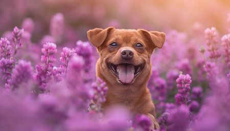 A heartwarming image of a joyful dog beaming amidst a field of vibrant purple wildflowers bathed in warm sunlight This idyllic scene is perfect for nature and pet lovers, ideal for social media posts, inspirational quotes, and wall art Capture the essence of pure happiness and serenity with this captivating photo AI Generativeの素材