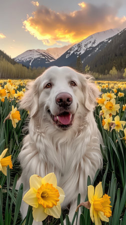 A majestic Golden Retriever basks in the golden glow of sunrise, surrounded by a vibrant field of yellow daffodils The majestic mountain backdrop completes this breathtaking scene, capturing the joy of a dog&#39;s life amidst nature&#39;s beauty This stunning photograph is a perfect escape for animal and flower lovers alike AI Generativeの素材