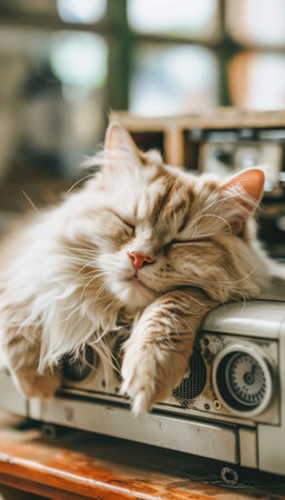 A heartwarming scene of a fluffy cat napping soundly on a vintage radio The soft fur, the classic decor, and the peaceful expression of the cat create a cozy and nostalgic moment This image captures the perfect harmony between a beloved pet and cherished vintage pieces, radiating warmth and comfort AI Generativeの素材