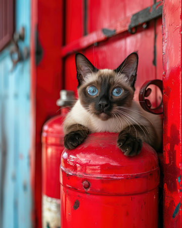 A captivating image of a Siamese cat with mesmerizing blue eyes, luxuriating on a bright red fire extinguisher The cat&#39;s delicate features and serene expression contrast beautifully with the bold color of the extinguisher, creating a playful and heartwarming scene that is sure to delight AI Generativeの素材