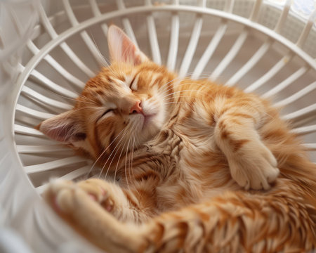 A precious orange tabby kitten, nestled in a white circular basket, sleeps soundly The kitten&#39;s soft fur and peaceful slumber create a heartwarming image of feline tranquility The cozy basket provides a safe and comfortable haven for the kitten, capturing the essence of home and serenity AI Generativeの素材