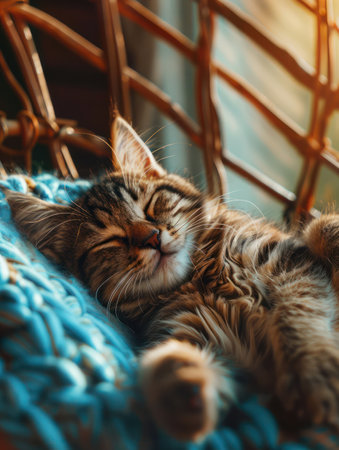 A captivating image of a tabby kitten nestled in a cozy wicker chair, embodying the ultimate in feline tranquility and comfort The kitten&#39;s soft fur and peaceful slumber evoke a sense of serenity, making this photo a perfect addition to any collection seeking warmth and charm AI Generativeの素材