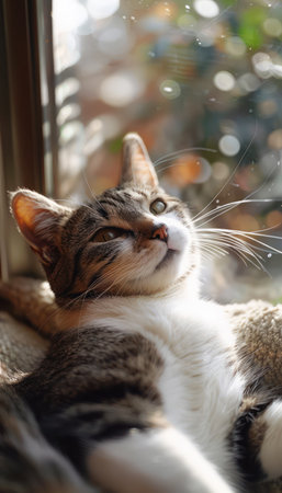 A charming tabby cat basks in the warmth of a sunlit window, creating a serene scene Soft bokeh illuminates the background, adding a touch of magic to the moment This image evokes feelings of peace, warmth, and feline contentment, perfectly capturing the cozy charm of a beloved pet AI Generativeの素材