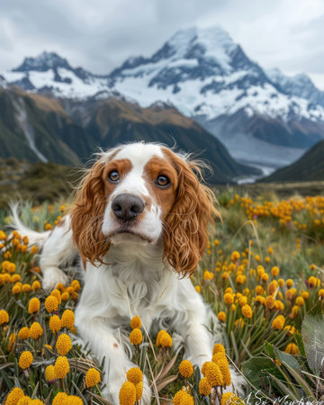 A charming dog basks in the tranquility of an alpine meadow, surrounded by wildflowers and breathtaking views Towering snow-capped mountains create a majestic backdrop, capturing the essence of serene wilderness This idyllic scene evokes a sense of adventure and peaceful beauty AI Generativeの素材