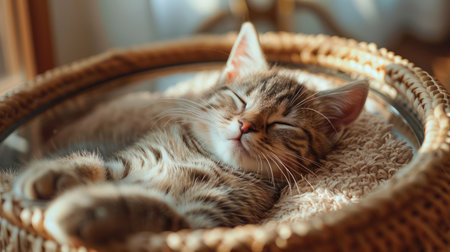 A tiny kitten, nestled in a cozy basket, basks in the warmth of sunlight Their soft fur glistens, their eyes closed in peaceful slumber The scene captures the essence of feline comfort and tranquility, offering a moment of serenity for cat lovers AI Generativeの素材