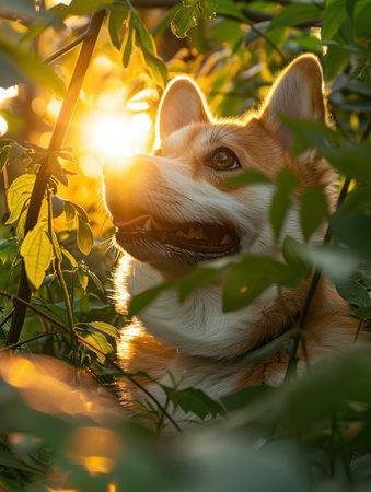 A joyful dog basks in the sun-dappled tranquility of a lush forest Surrounded by vibrant greenery, the canine&#39;s happy expression radiates contentment This close-up captures the serenity and beauty of nature reflected in the dog&#39;s peaceful demeanor, creating a heartwarming image of pure joy AI Generativeの素材