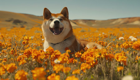 A joyful canine revels in a vibrant flower field bathed in sunshine Surrounded by nature&#39;s beauty, the dog embodies pure happiness and freedom, a perfect companion amidst the blooming landscape The serene scene captures the essence of a carefree day in nature AI Generativeの素材