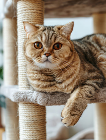 A captivating British Shorthair cat, with striking golden eyes and a striped coat, finds ultimate relaxation atop a cozy cat tree  The feline&#39;s serene expression and contented posture exude pure comfort, creating a picture of domestic bliss  A perfect companion for a relaxing day indoors AI Generativeの素材