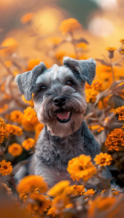 A charming Schnauzer basks in the golden glow of a field bursting with vibrant orange marigolds The happy pup, surrounded by the fragrant blossoms, captures the essence of spring's beauty This heartwarming image evokes a sense of joy and tranquility, celebrating the simple pleasures of nature and companionship AI Generativeの素材