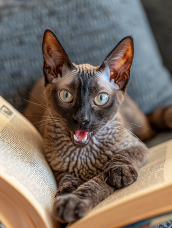 A captivating Sphynx cat, adorned with unique markings, poses nonchalantly atop an open book The image evokes a cozy reading scene, radiating warmth and relaxation The cat&#39;s curious gaze suggests a playful spirit, making it perfect for animal, pet, and feline enthusiasts AI Generativeの素材