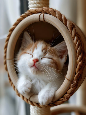 A precious orange and white kitten, nestled within a cozy wooden cat toy ring, sleeps soundly The tiny feline's peaceful slumber exudes a heartwarming charm, capturing the serenity and comfort of a beloved companion Soft fur, delicate paws, and gentle breaths paint a picture of pure contentment AI Generativeの素材