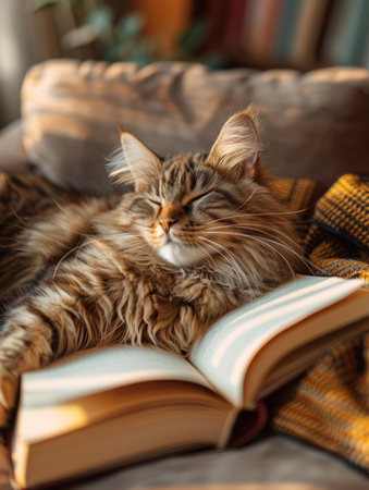 A fluffy feline basks in the warm glow of sunlight, curled up on an open book The soft pages provide a cozy nest for the cat&#39;s peaceful slumber, capturing a quintessential moment of feline relaxation and comfort in a home setting This charming photo evokes feelings of tranquility and the simple joys of companionship AI Generativeの素材