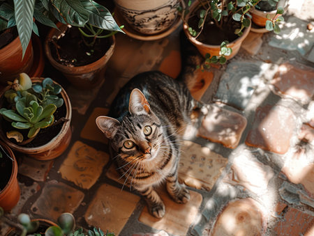 A charming tabby cat basks in the warm sunlight on a rustic brick patio, surrounded by vibrant potted plants The cat is completely relaxed, enjoying the peace and tranquility of the garden Lush greenery and dappled sunlight create a serene and inviting atmosphere AI Generativeの素材