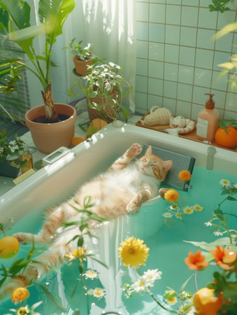 A serene and whimsical sanctuary unfolds, where a cat luxuriates in a vibrant floral bathtub, surrounded by lush indoor plants and bathed in natural sunlight The scene evokes comfort, peace, and a harmonious connection with nature, creating a truly captivating and unique image AI Generativeの素材