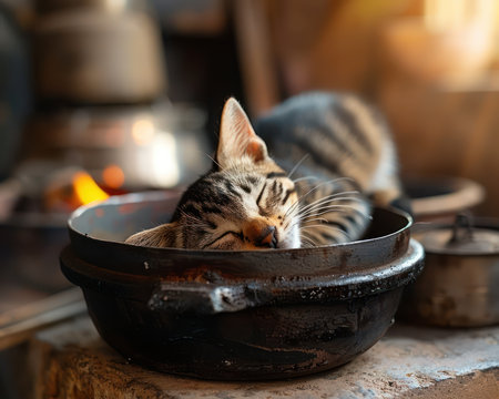 A charming tabby cat, curled up in peaceful slumber on an old iron pot in a rustic kitchen The warm glow of a cozy fire casts a gentle light on the scene, creating a sense of warmth and comfort The cat&#39;s relaxed posture and peaceful expression evoke a feeling of tranquility and contentment AI Generativeの素材