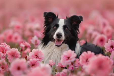 A striking Border Collie, its coat a symphony of black and white, stands amidst a vibrant sea of pink flowers Lush greenery and dappled sunlight create a serene garden scene The dog&#39;s playful gaze and the flowers&#39; delicate blooms capture the essence of springtime joy and the beauty of nature AI Generativeの素材