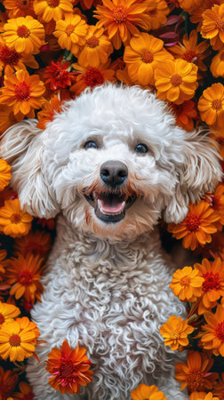 A pristine white dog, bathed in the warmth of vibrant orange marigolds, radiates pure joy Its playful expression and the bright blooms create a captivating scene, capturing the essence of beauty and happiness found in nature&#39;s embrace AI Generativeの素材