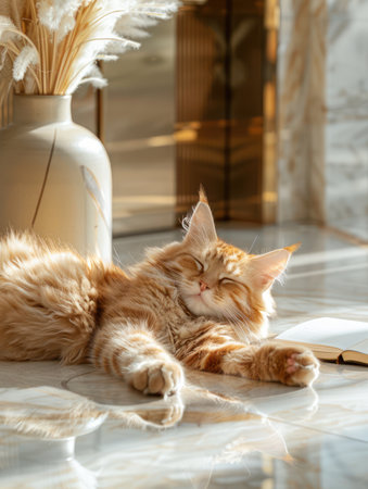 A fluffy feline basks in the warmth of a sunlit room, curled up in a peaceful nap A vase of pampas grass adds a touch of natural elegance, while an open book lies on the glossy floor, hinting at a moment of leisure interrupted by slumber The scene exudes tranquility and the cozy comfort of a sunny day AI Generativeの素材
