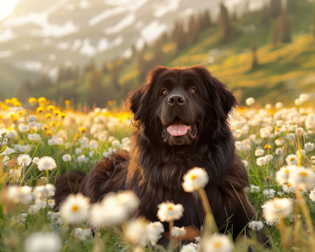 A majestic black dog basks in a vibrant meadow, wildflowers blooming around him A backdrop of majestic mountains adds a sense of peace and tranquility This captivating image captures the joy of nature and the serenity of the outdoors, with a happy canine at its heart AI Generativeの素材
