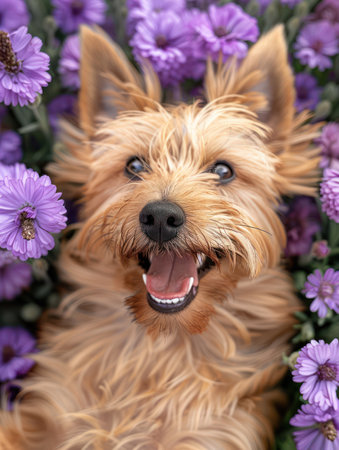 A cheerful terrier, tail wagging with delight, is surrounded by a vibrant sea of purple flowers The dog&#39;s playful expression and the colorful floral backdrop capture the pure joy and energy of a happy canine enjoying a beautiful springtime scene AI Generativeの素材