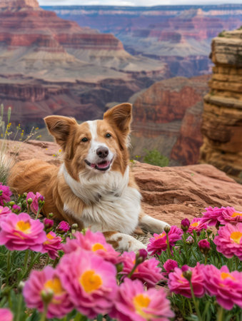 A joyful dog basks amidst a vibrant display of pink flowers, its tail wagging contentedly The breathtaking vista of a rugged canyon unfolds behind, creating a picture-perfect scene of nature&#39;s beauty and canine delight A sunny day illuminates the moment, capturing the essence of carefree joy and scenic splendor AI Generativeの素材