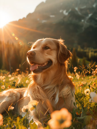 A golden retriever basks in the golden glow of sunset, perched amidst a vibrant mountain meadow Sunbeams dance through wildflowers, casting a warm light on the dog&#39;s happy face  This idyllic scene captures the essence of a perfect day in the great outdoors AI Generativeの素材