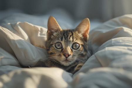 A precious tabby kitten finds ultimate comfort nestled in soft blankets Its bright eyes sparkle with contentment as it enjoys the warmth and relaxation The perfect moment captures the sweet innocence and charm of this adorable feline, radiating serenity and pure bliss AI Generativeの素材