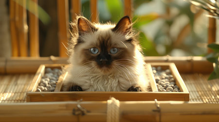 A captivating photo of a fluffy Siamese kitten, with piercing blue eyes, relaxes amidst rustic wooden decor The tranquil scene highlights the kitten&#39;s natural beauty and charm, perfect for animal lovers, feline enthusiasts, and pet portrait enthusiasts AI Generativeの素材