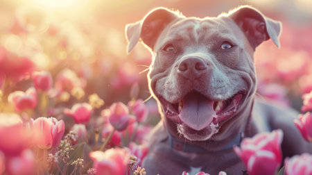 A heartwarming image of a joyful dog amidst a vibrant field of pink blooms Bathed in golden sunlight, the dog&#39;s playful spirit shines through, creating a perfect portrait for pet lovers, nature enthusiasts, and animal portrait artists The image evokes feelings of joy, happiness, and the beauty of life AI Generativeの素材