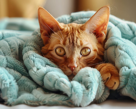 A ginger cat, the epitome of cozy contentment, is nestled in a soft blue blanket  His relaxed pose and gentle eyes convey pure relaxation, a heartwarming scene perfect for cat lovers  The image captures the essence of indoor pet comfort, showcasing the simple joys of a warm and snuggly feline AI Generativeの素材