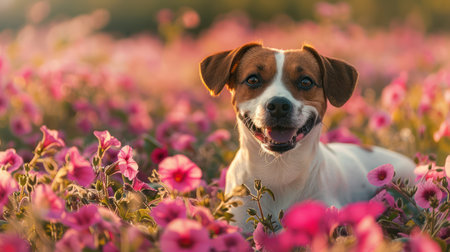 A golden retriever, tail wagging with pure joy, bounds through a vibrant field of wildflowers under a clear blue sky Sunlight bathes the scene, highlighting the dog&#39;s playful spirit and the breathtaking beauty of spring A perfect capture for pet and nature lovers seeking a heartwarming image of carefree joy AI Generativeの素材