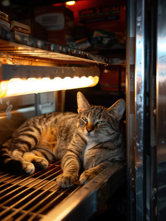 A fluffy feline basks in the warm glow of overhead lighting, curled up on a shelf within a cozy retail space The cat's relaxed posture and serene expression create a sense of tranquility, inviting customers to linger and enjoy the inviting atmosphere The warm lighting casts a soft, welcoming glow, highlighting the inviting ambiance of the store AI Generativeの素材