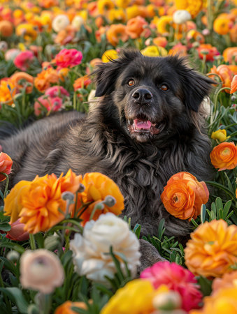 A joyful black dog basks in the sun, surrounded by a vibrant field of blooming flowers Orange, pink, and yellow blossoms burst forth, creating a dazzling backdrop for the playful canine  The dog's cheerful expression and relaxed posture radiate pure joy and contentment This captivating image evokes feelings of happiness, freedom, and the beauty of nature AI Generativeの素材