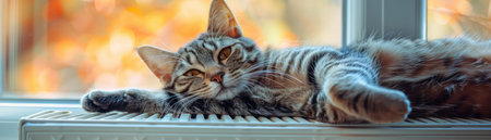 A serene tabby cat basks in the afternoon sun, perched on a window sill Golden autumn leaves frame the scene, creating a warm and inviting backdrop  The cat&#39;s relaxed posture and the peaceful ambiance of the room capture the tranquility of a cozy indoor retreat  This image evokes feelings of calm and contentment AI Generativeの素材