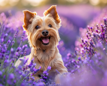 A tiny Yorkshire Terrier, bathed in golden sunlight, frolics amidst a breathtaking field of lavender Delicate purple blooms create a soft, pastel backdrop as the dog enjoys a day of blissful exploration This heartwarming image captures the essence of joy, charm, and the beauty of nature in perfect harmony AI Generativeの素材