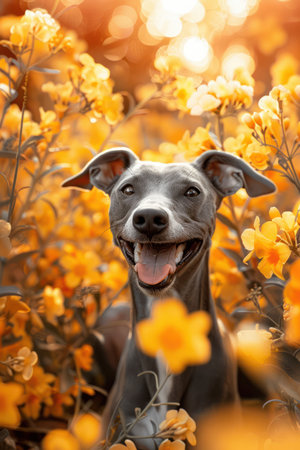 A playful dog basks in the radiant glow of a vibrant yellow flower field  Its joyful expression mirrors the beauty of nature&#39;s blooms, creating a scene of pure delight This heartwarming image captures the essence of happiness and serenity in a picturesque garden setting AI Generativeの素材