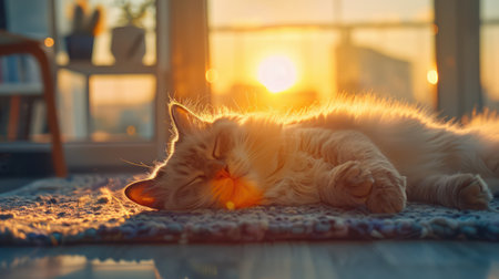 A serene domestic feline basks in the warm glow of sunlight streaming through a window  The cat, utterly relaxed, lounges on a soft rug, enjoying a peaceful nap  The bright sun illuminates the scene, creating a cozy and inviting atmosphere in the home  A perfect moment of tranquil feline bliss captured in a sunlit room AI Generativeの素材