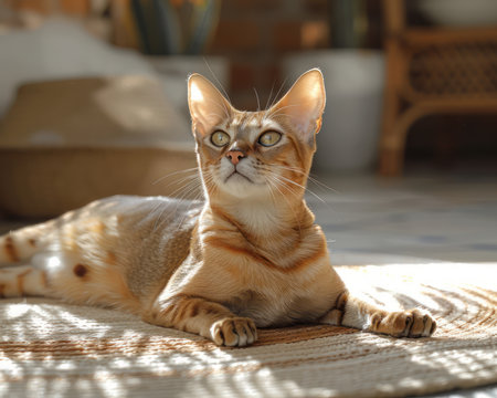 A captivating image of a serene feline basking in a warm sunbeam at home The soft light illuminates the cat&#39;s relaxed form, creating a cozy and peaceful ambiance The image showcases the natural beauty and tranquility of a cat enjoying a moment of pure bliss AI Generativeの素材
