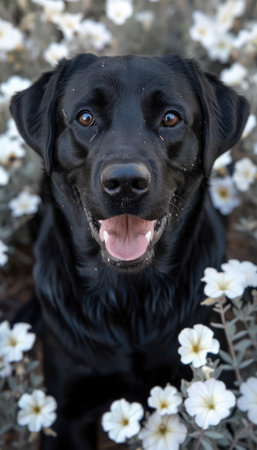 A playful black Labrador Retriever sits amidst a vibrant garden, surrounded by a sea of blooming white flowers bathed in warm sunlight, the dog&#39;s joyful expression radiates pure contentment, highlighting the harmonious bond between nature and our furry companions This heartwarming scene captures the essence of happiness and the beauty of life&#39;s simple pleasures AI Generativeの素材