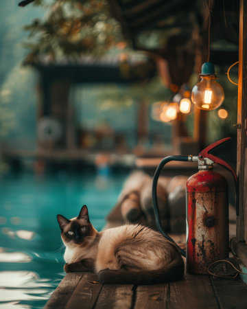 Escape to a serene riverside retreat where tranquility reigns A Siamese cat rests peacefully beside a vintage fire extinguisher, bathed in the warm glow of lanterns Nature&#39;s embrace surrounds you as the evening unfolds, creating an atmosphere of pure serenity AI Generativeの素材