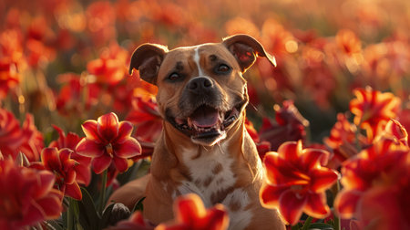 A golden sunrise bathes a happy dog in a field of vibrant red wildflowers  His joyful expression and carefree posture embody the freedom and serenity of spring Warm light illuminates the scene, capturing the beauty and tranquility of nature at its peak AI Generativeの素材