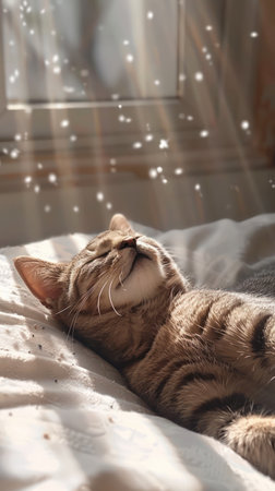 A serene cat, bathed in warm sunlight, relaxes on a cozy bed, surrounded by magical sparkles The scene captures the epitome of comfort and joy, as the feline basks in the glowing rays, enjoying a peaceful nap This photo embodies tranquility and the simple pleasures of life AI Generativeの素材