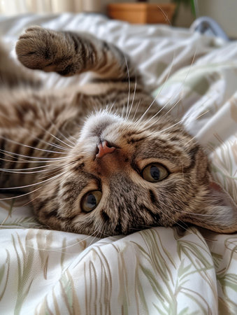 A playful feline basks in a moment of pure contentment, sprawled on a plush bed in a cozy home  The perfect blend of pet love, interior design inspiration, and heartwarming lifestyle moments captured in this adorable image  This captivating photo showcases the joy and comfort that furry companions bring to our lives AI Generativeの素材