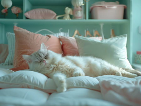 A serene white cat basks in blissful slumber on a cozy bed, surrounded by soft, pastel-hued pillows The room&#39;s calming ambiance and the cat&#39;s peaceful repose create a tranquil scene of feline relaxation, inviting viewers to share in the tranquility AI Generativeの素材