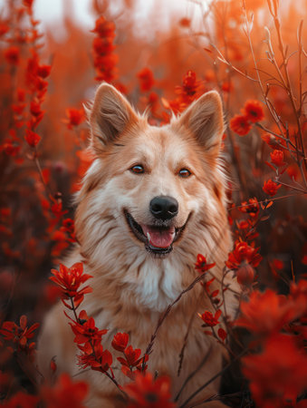 A playful dog frolics through a field of fiery red flowers, radiating joy and contentment  The vibrant blooms and the dog&#39;s infectious smile create a captivating scene of pure happiness  This photo captures the perfect blend of nature&#39;s beauty and the unwavering spirit of our canine companions AI Generativeの素材