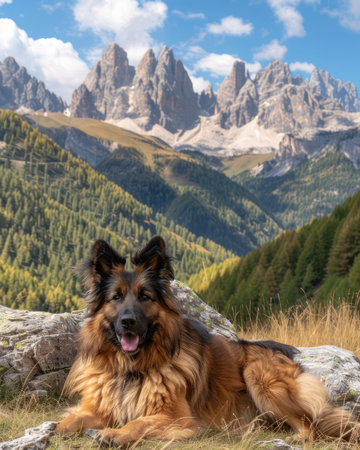 A majestic German Shepherd, with piercing eyes and a regal demeanor, finds serenity amidst a breathtaking mountain landscape Lush green forests stretch towards snow-capped peaks, creating a vibrant tapestry of nature The dog&#39;s relaxed posture and tranquil surroundings convey a sense of peace and harmony AI Generativeの素材
