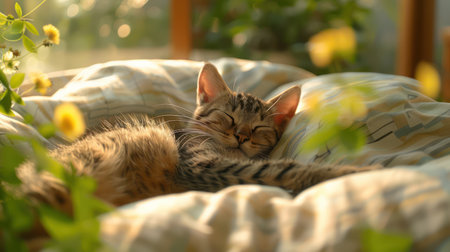 A serene tableau of feline bliss: a cat naps peacefully on a cozy bed in a sunlit garden, surrounded by vibrant blooms The scene captures the tranquility of nature and the contentment of a purrfectly relaxed cat, making it an ideal image for animal and nature lovers seeking serenity AI Generativeの素材