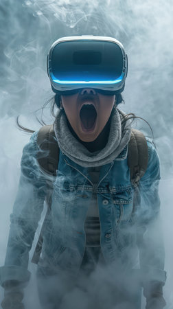 A person, engulfed in a virtual reality experience, is lost in a world of foggy wonder The VR headset obscures their face, but their wide eyes and open mouth reveal a mix of shock and awe Surrounded by hazy mist, they stand frozen in a moment of complete immersion, experiencing a captivating virtual reality environment AI Generativeの素材